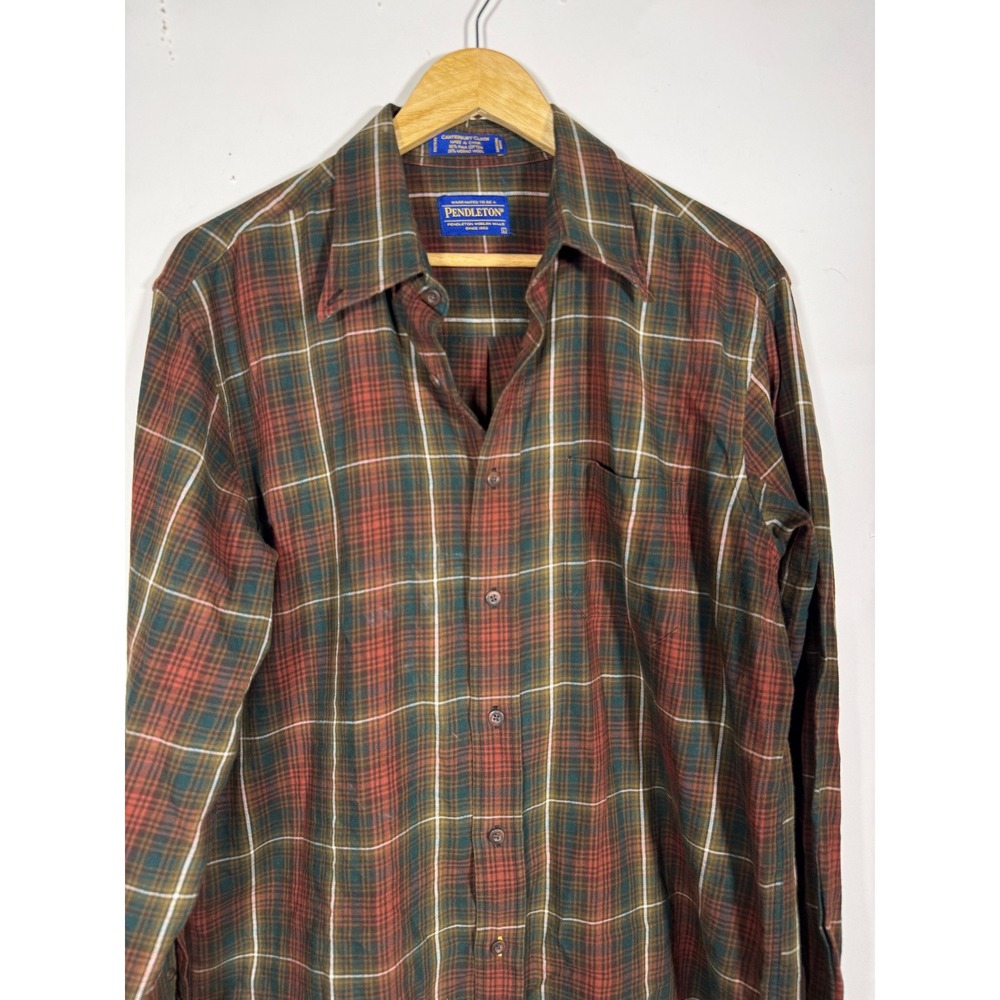 Pendleton Canterbury Cloth Plaid Shirt Mens Large Pima Cotton Merino Wool Green